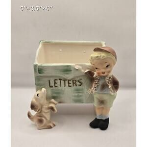 Vintage 1950s Made in Japan Ceramic Wall Mail Holder Letters Boy Dog